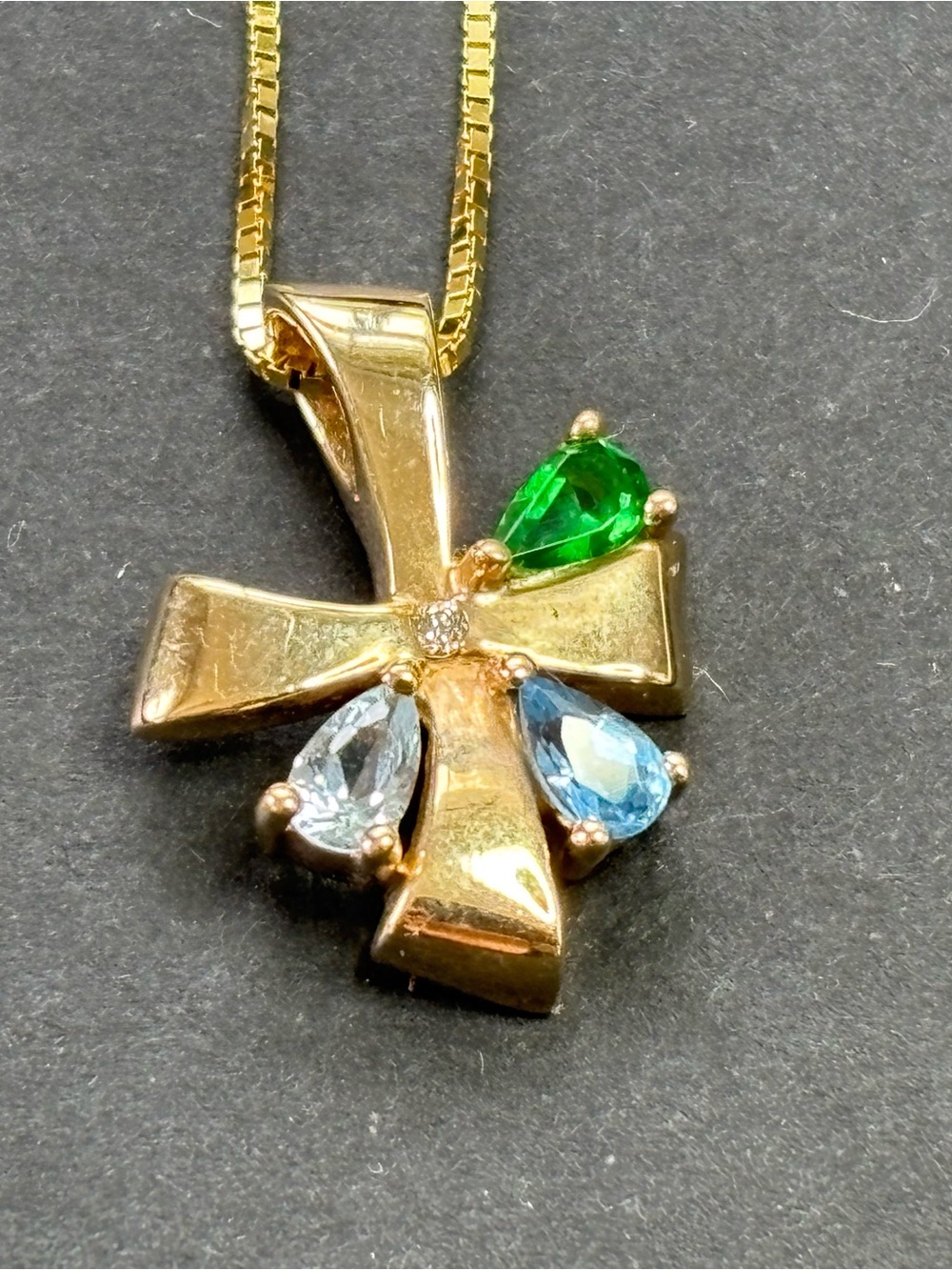 10K Gold Pendant with Three Birthstones, with 14K Gold Chain, 16 in